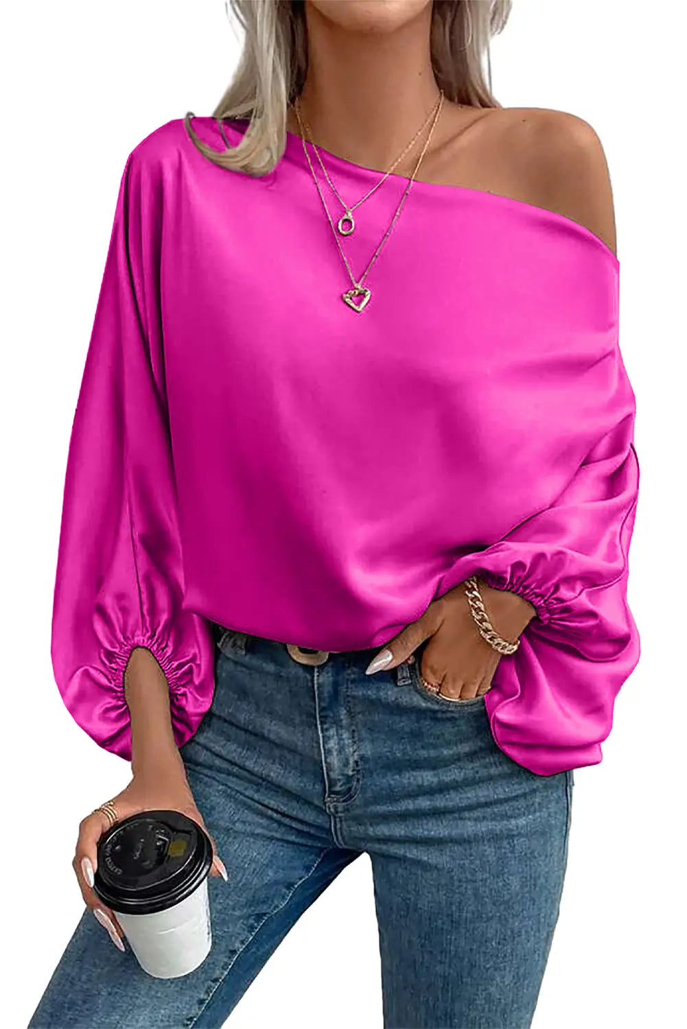 Bright pink asymmetrical neck balloon sleeve satin blouse - blouses & shirts