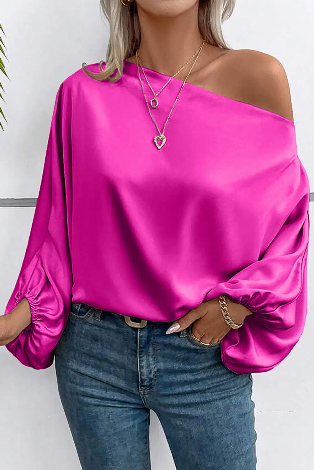 Bright pink asymmetrical neck balloon sleeve satin blouse - blouses & shirts