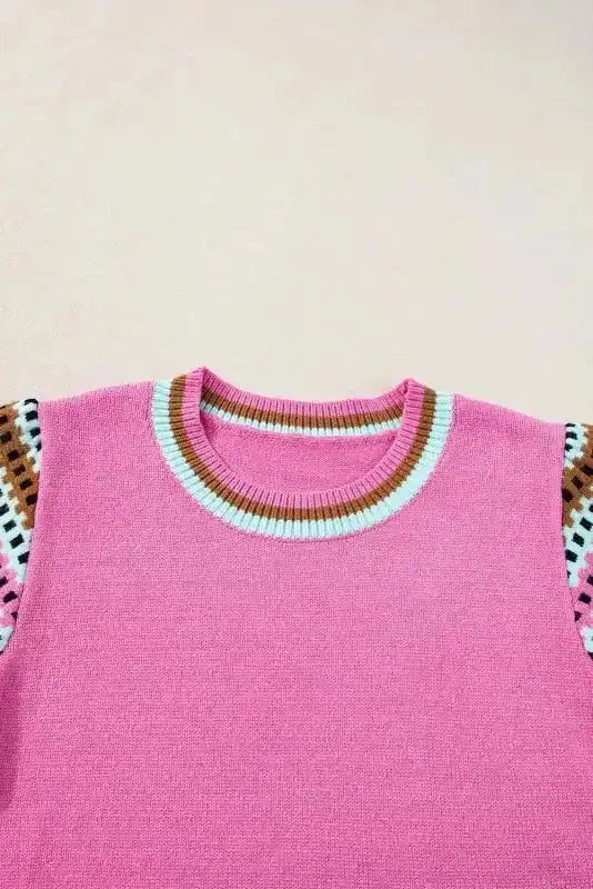 Bright Pink Cap Sleeves Crewneck Sweater - Fashionfitz