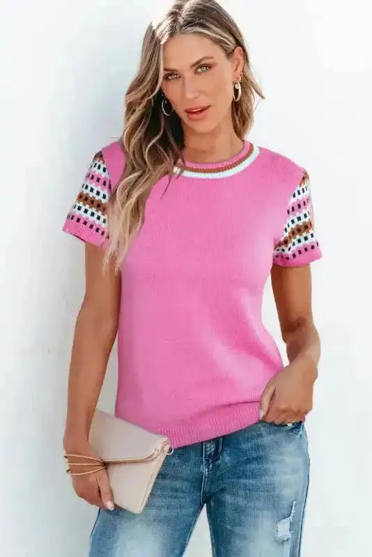 Bright Pink Cap Sleeves Crewneck Sweater - Fashionfitz