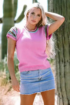 Bright Pink Cap Sleeves Crewneck Sweater - Fashionfitz