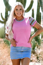 Bright Pink Cap Sleeves Crewneck Sweater - Fashionfitz