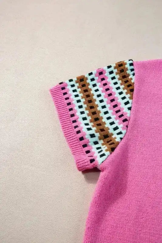 Bright Pink Cap Sleeves Crewneck Sweater - Fashionfitz