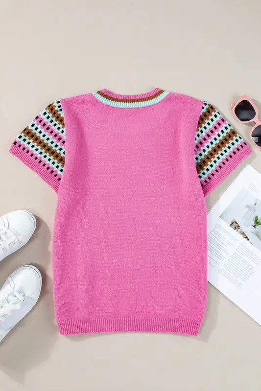 Bright pink cap sleeves crewneck sweater