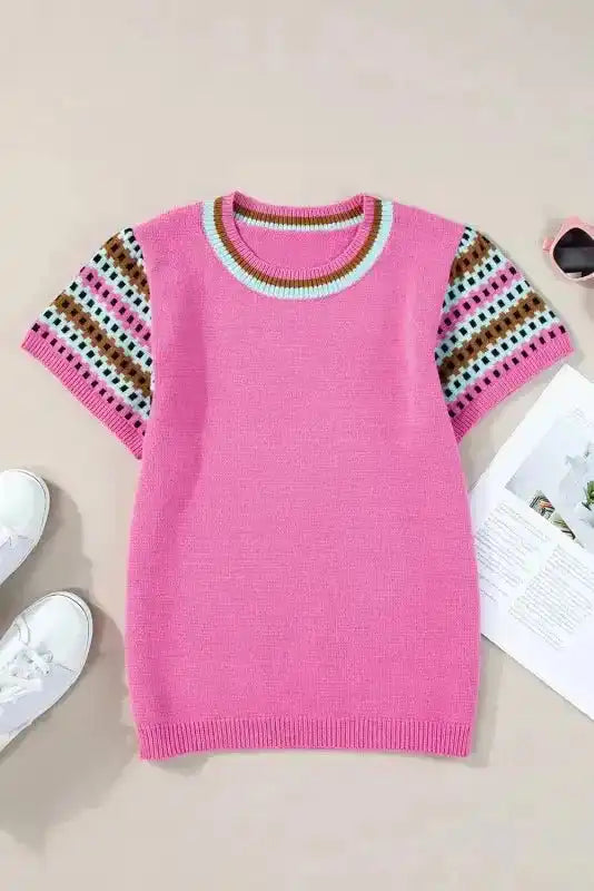 Bright Pink Cap Sleeves Crewneck Sweater - Fashionfitz