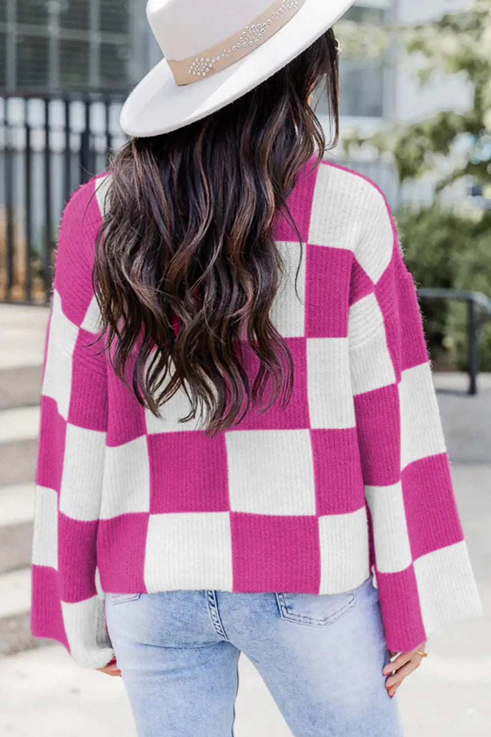 Bright pink checkered round neck baggy sweater - tops