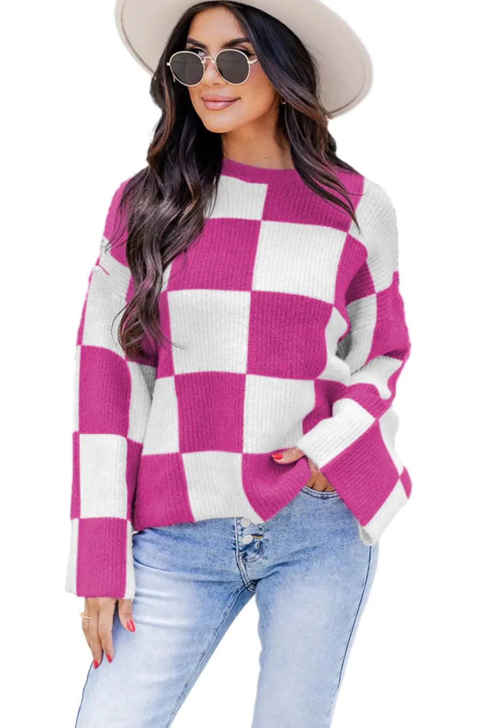 Bright pink checkered round neck baggy sweater - tops