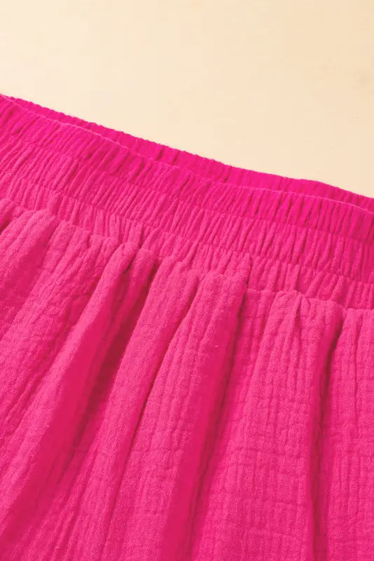 Bright pink crinkled textured square neck puff sleeve and shorts set - loungewear