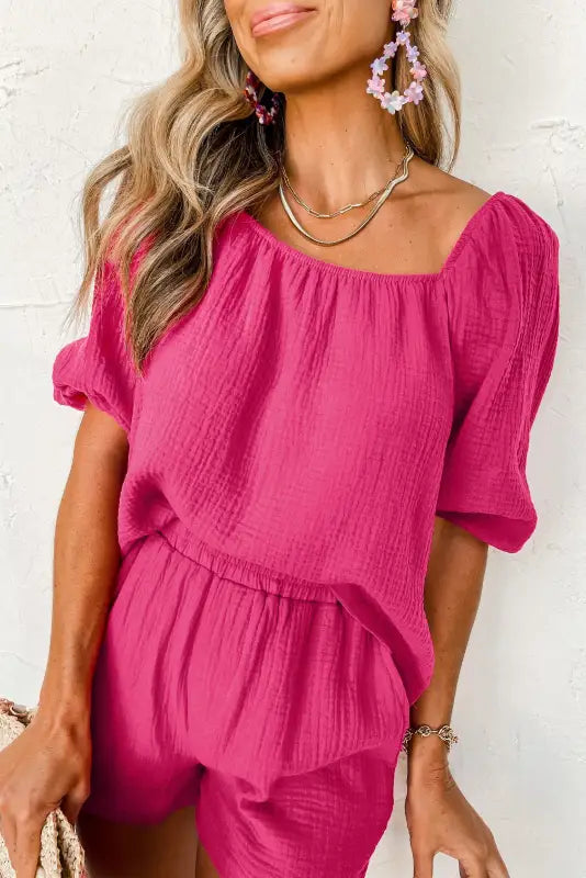 Bright pink crinkled textured square neck puff sleeve and shorts set - loungewear