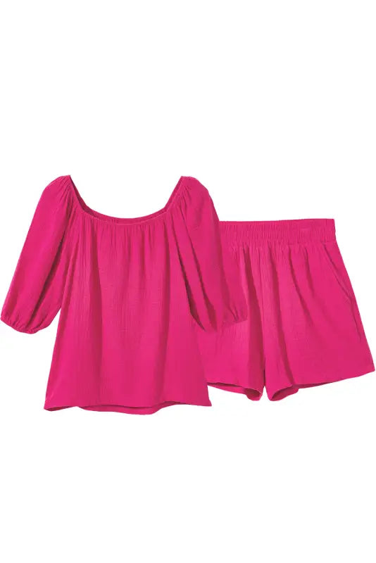 Bright pink crinkled textured square neck puff sleeve and shorts set - loungewear