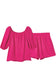 Bright pink crinkled textured square neck puff sleeve and shorts set - loungewear