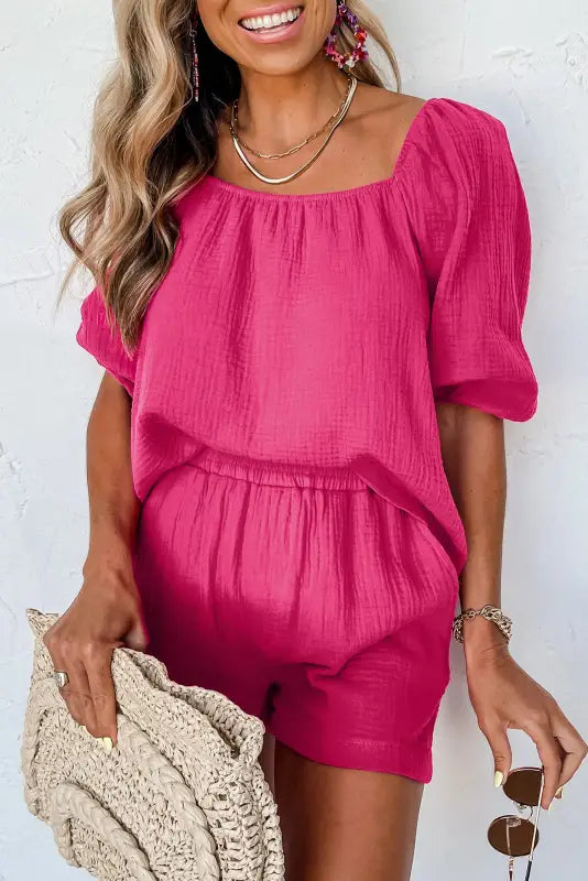 Bright pink crinkled textured square neck puff sleeve and shorts set - s / 100% cotton - loungewear