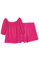 Bright pink crinkled textured square neck puff sleeve and shorts set - loungewear