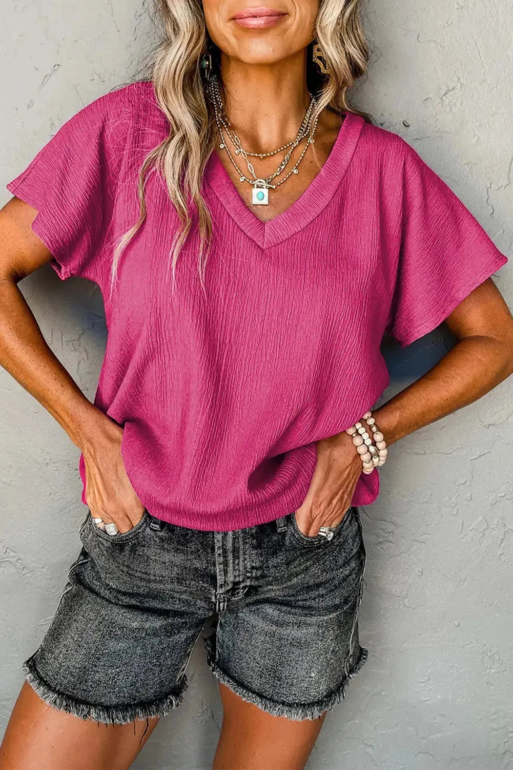 Crinkled V-Neck Wide Sleeve T-shirt - Fashionfitz