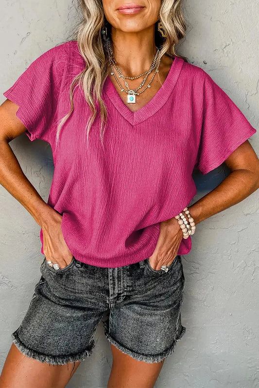 Crinkled V-Neck Wide Sleeve T-shirt - Fashionfitz