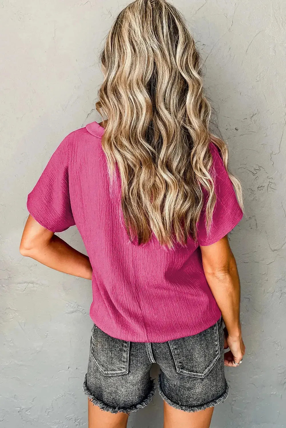 Crinkled V-Neck Wide Sleeve T-shirt - Fashionfitz