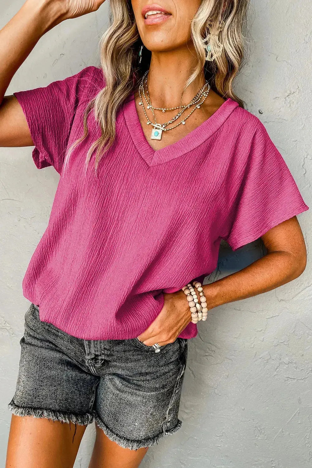 Crinkled V-Neck Wide Sleeve T-shirt - Fashionfitz