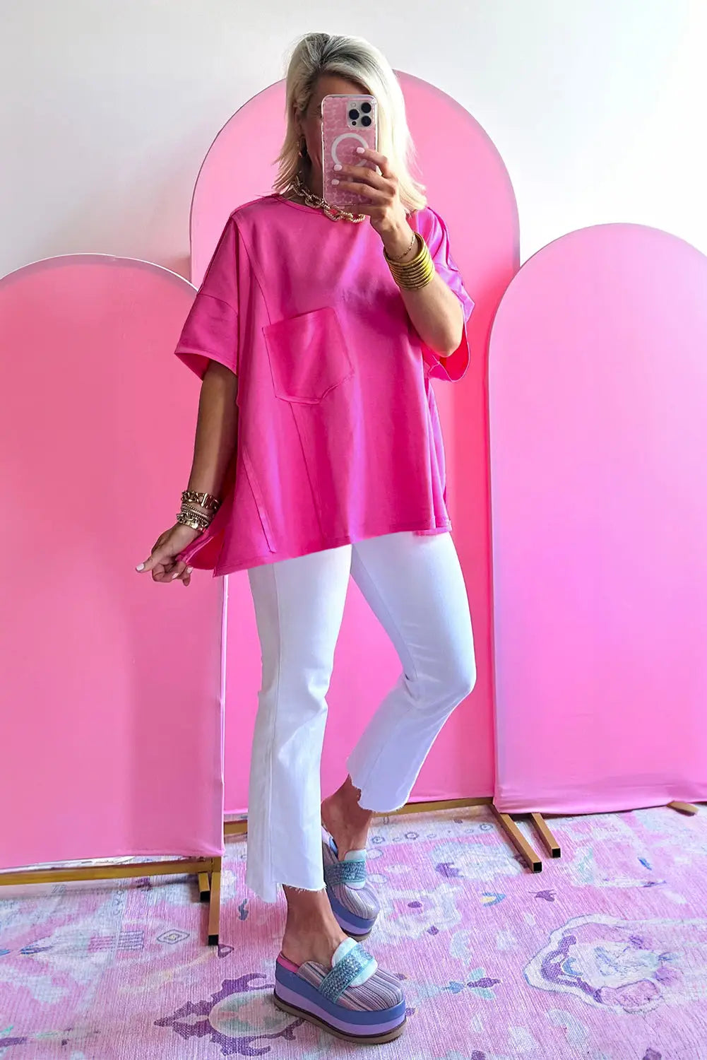 Bright pink exposed seam oversize t-shirt - tops/tops & tees