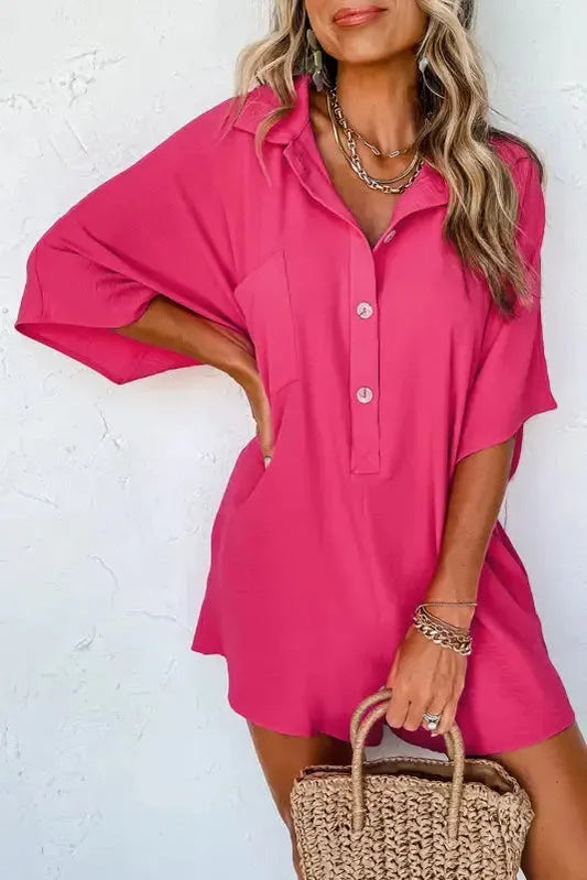 Bright Pink Half Button Collared Loose Romper - Fashionfitz