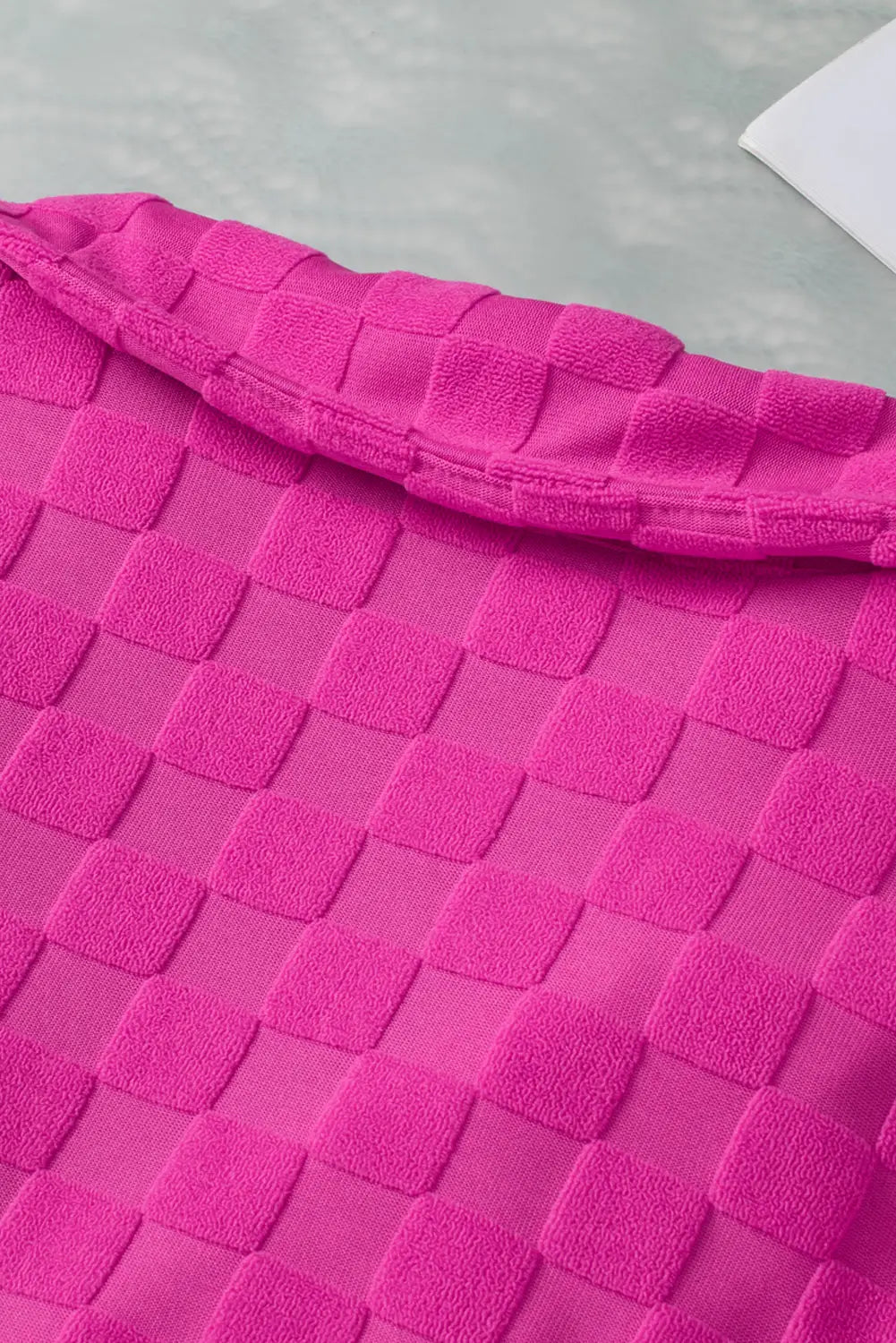 Bright pink lapel neck checkered textured short sleeve shirt - tops