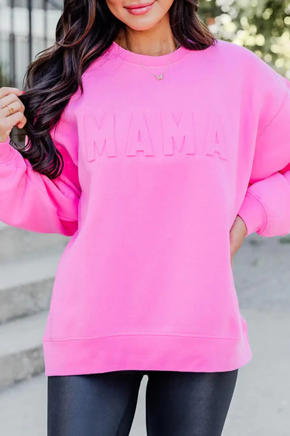 Bright pink mama letter embossed casual sweatshirt - l / 65% polyester + 35% cotton - sweaters & cardigans