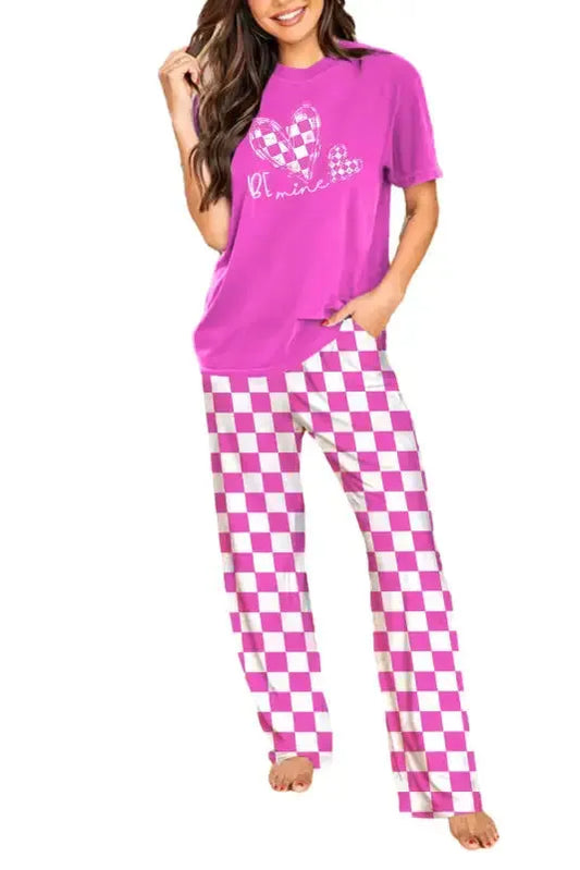 Bright Pink Be Mine Print Tee and Pants Lounge Set - Fashionfitz