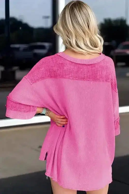 Back view of Bright Pink Oversized Mineral Wash Top showing oversized silhouette and mineral wash colour variation — Fashionfitz