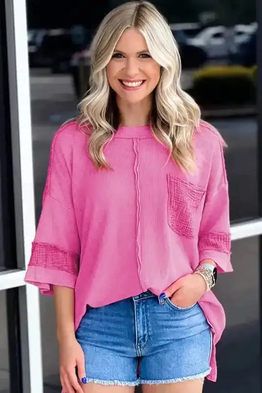 Side view of Bright Pink Oversized Mineral Wash Top showing relaxed oversized fit and short sleeves — Fashionfitz