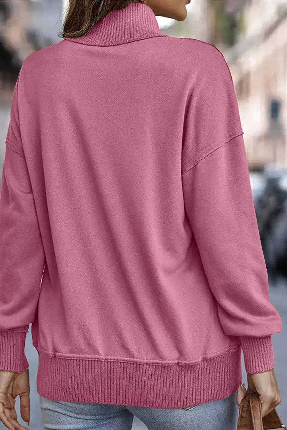 Bright pink ribbed hem snap button neckline sweatshirt with pocket - sweatshirts & hoodies