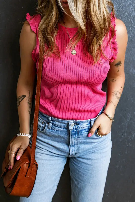 Bright pink ribbed ruffled knit tank top - tops