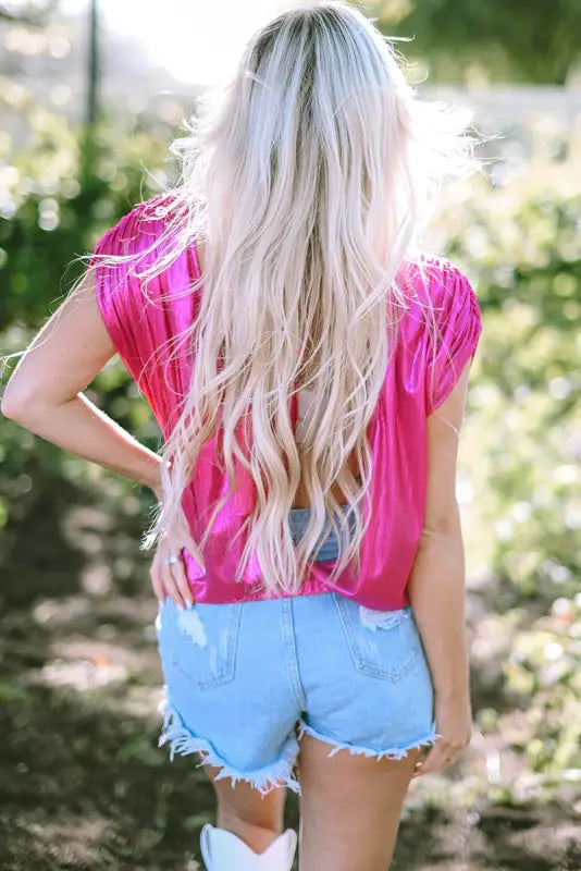 Bright pink ruched sleeves knotted backless blouse - tops