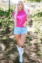 Bright Pink Ruched Sleeves Knotted Backless Blouse - Fashionfitz