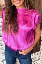 Bright Pink Ruched Sleeves Knotted Backless Blouse - Fashionfitz