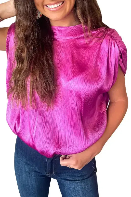 Bright Pink Ruched Sleeves Knotted Backless Blouse - Fashionfitz