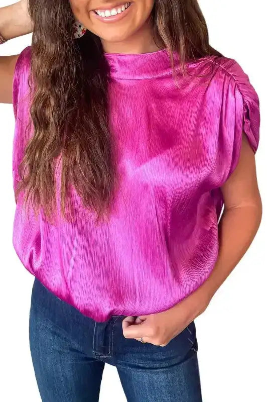 Front view of satin bright pink ruched blouse paired with jeans, showcasing a bold and stylish Southern Belle vibe.