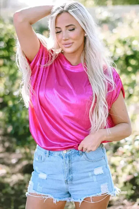 Bright Pink Ruched Sleeves Knotted Backless Blouse - Fashionfitz