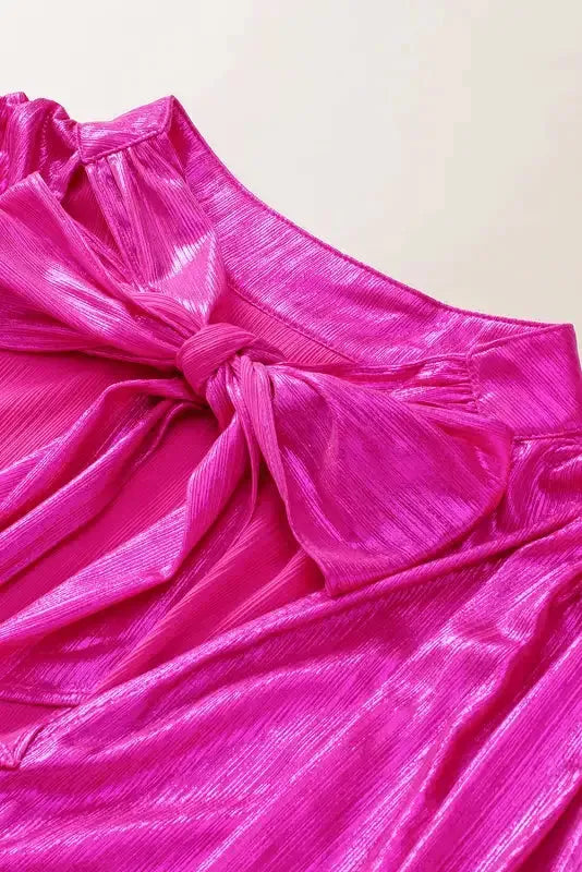 Bright Pink Ruched Sleeves Knotted Backless Blouse - Fashionfitz