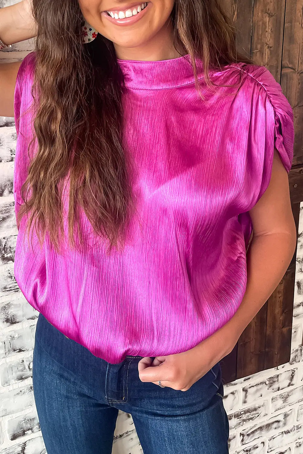 Bright pink ruched sleeves knotted backless blouse - s / 95% polyester + 5% elastane - tops
