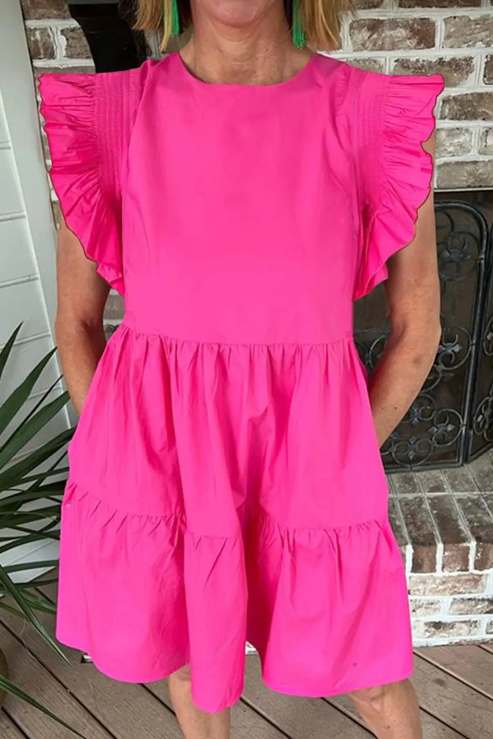 Bright pink ruffled babydoll mini dress - s / 100% cotton - dresses