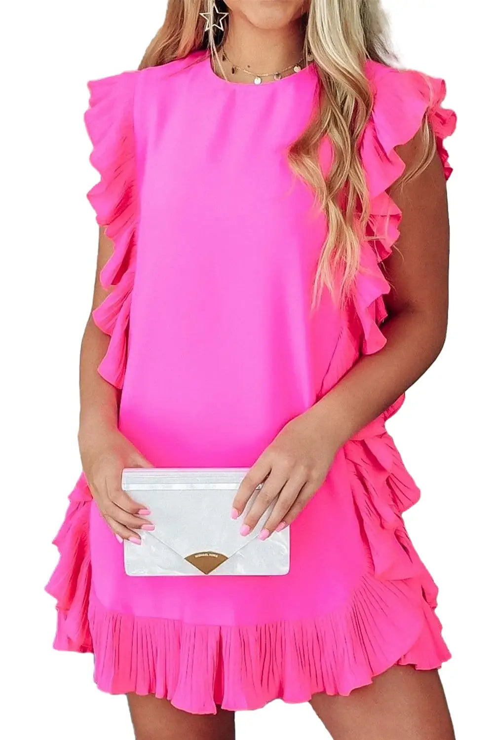 Bright pink ruffled edge mini dress - dresses