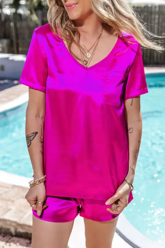 Bright pink satin shorts set - pajama sets