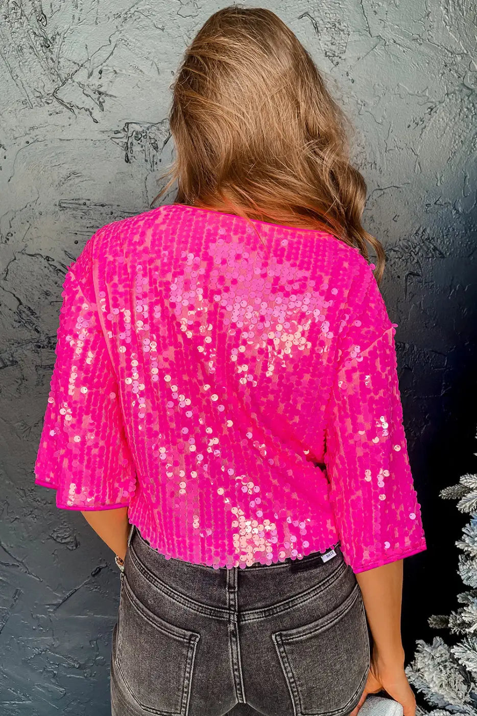 Bright pink sequin round neck half sleeve top - tops