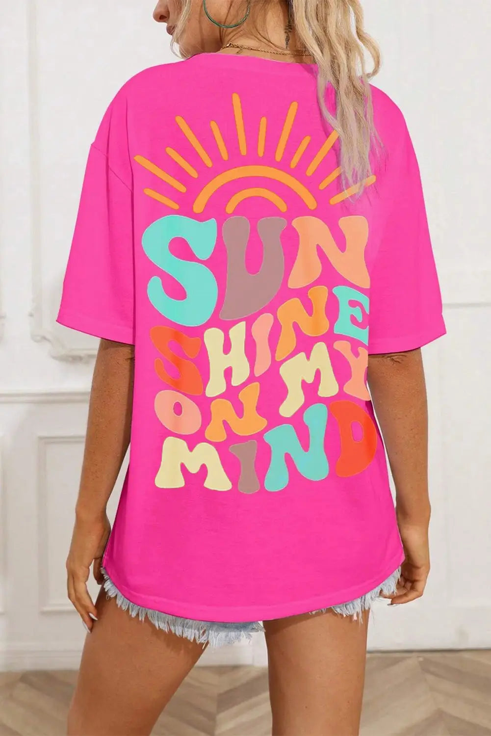 Bright pink sunshine on my mind graphic tee - s / 95% cotton + 5% polyester - tops