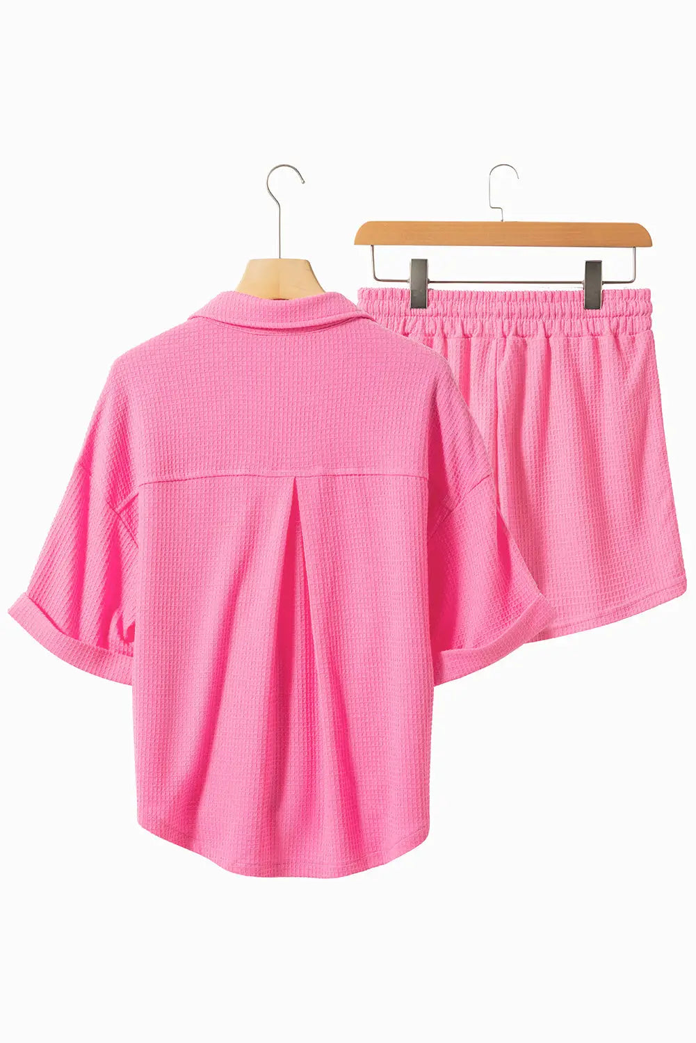 Bright pink textured chest pocket half sleeve shirt shorts outfit - loungewear