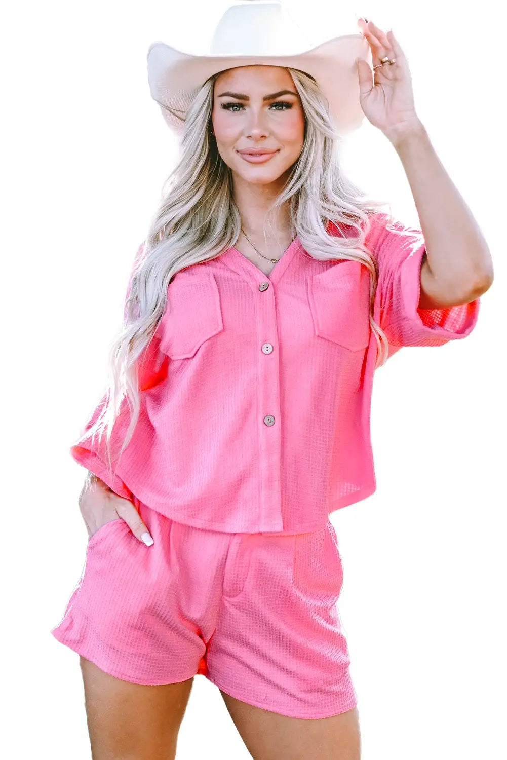 Bright pink textured chest pocket half sleeve shirt shorts outfit - loungewear