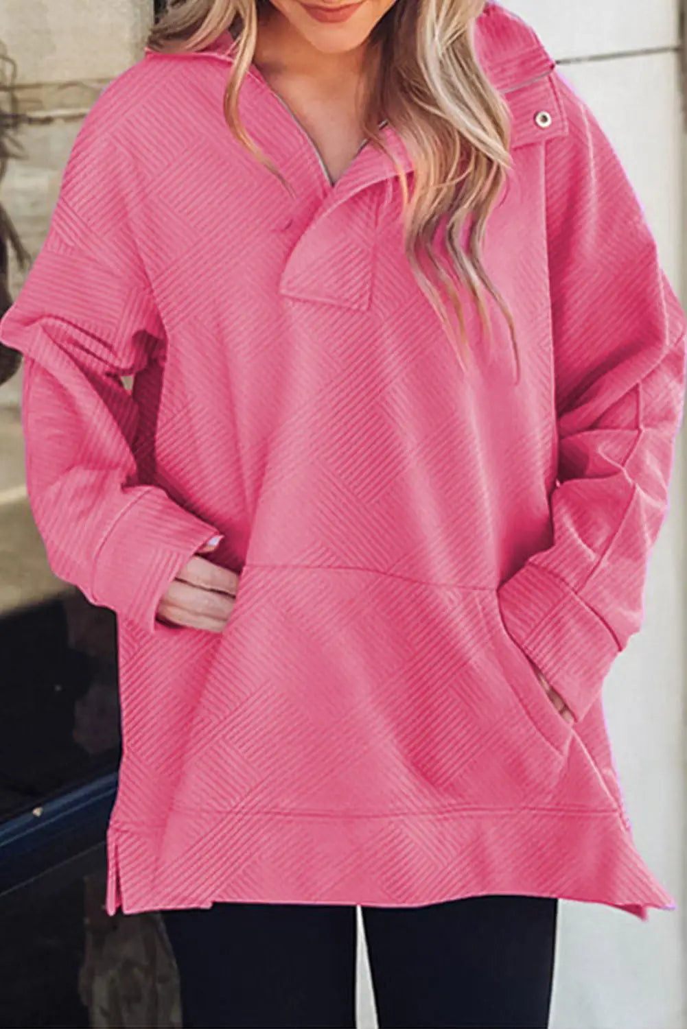 Bright pink textured zipped neckline kangaroo pocket sweatshirt - l / 95% polyester + 5% elastane - sweatshits & hoodies