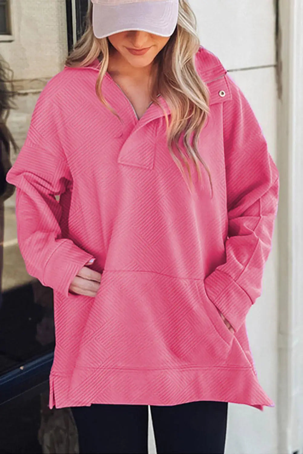 Bright pink textured zipped neckline kangaroo pocket sweatshirt - sweatshits & hoodies