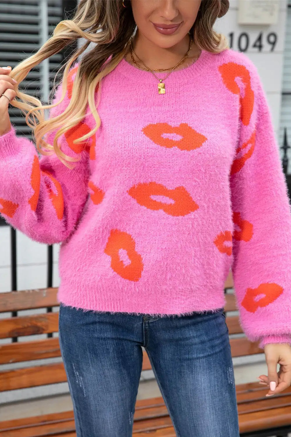 Bright pink valentine kisses fuzzy sweater - l 100% polyester sweaters & cardigans