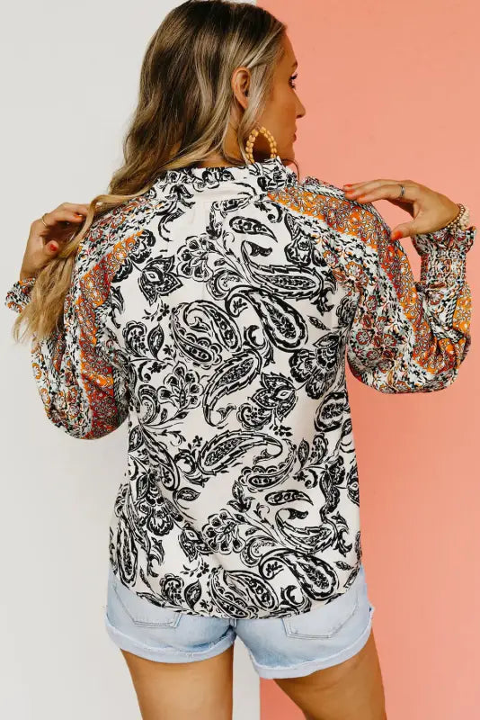 Bright white abstract print flounce sleeve tasseled v neck blouse - tops