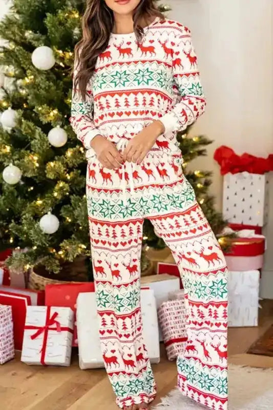 Bright White Christmas Print Pullover and Pants Lounge Set - Fashionfitz
